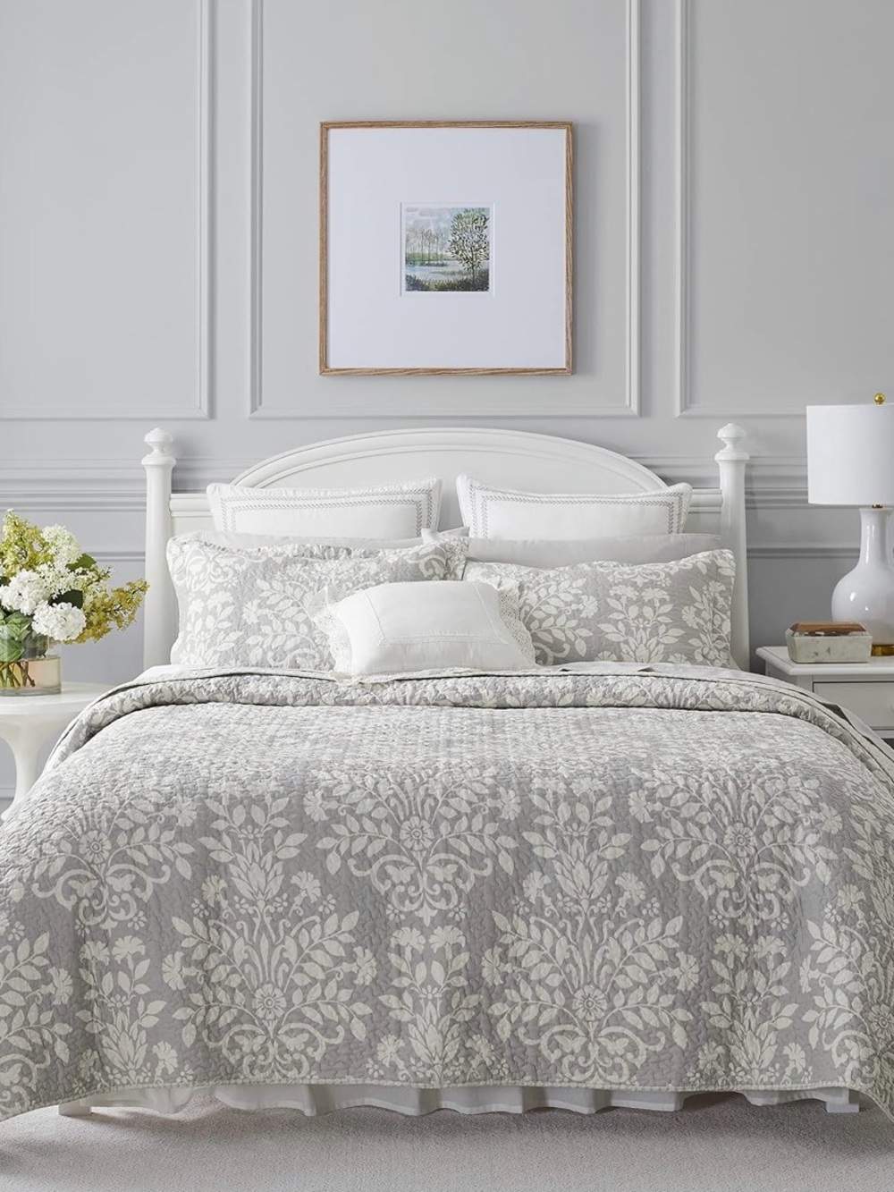 Laura Ashley Gray and White Damask Quilt Set